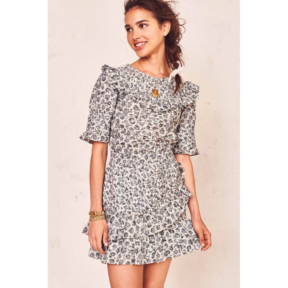 LoveShackFancy‎ Floreen Women Blue White Floral Ruffle Smocked Mini Dress Size M